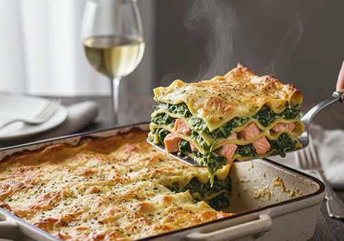 Lasagnes au saumon et aux épinards dans un plat sortant du four, servis avec un verre de vin blanc