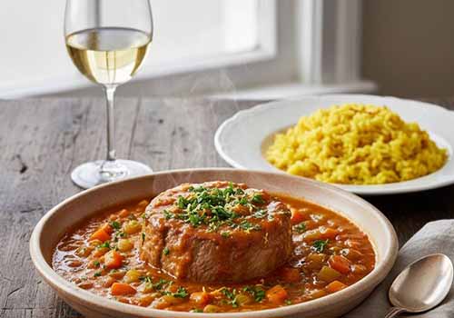 Osso Buco de Veau dans une assiette servie avec un polenta et un verre de vin blanc