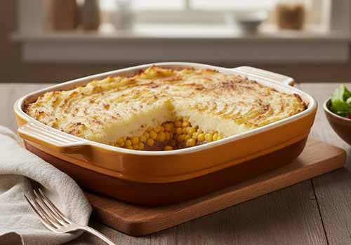 Pâté chinois un plat de la cuisine québécoise, composé de trois étages : une couche de viande hachée, une couche de maïs et une de purée de pommes de terre.