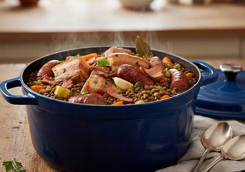 Petit Salé aux Lentilles dans une cocotte en fonte de couleur bleu