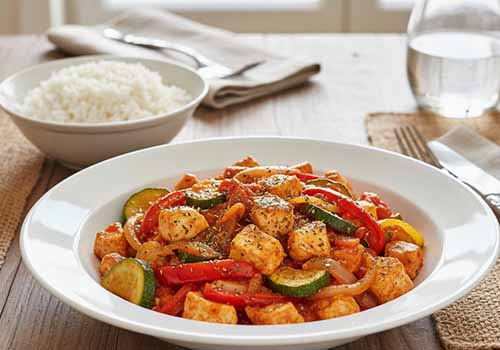 Poêlée de Poulet, Poivrons et Courgettes accompagné de riz