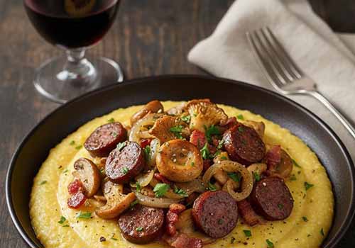 Polenta Crémeuse aux Champignons et Saucisses de Montagne servie avec un verre de vin rouge