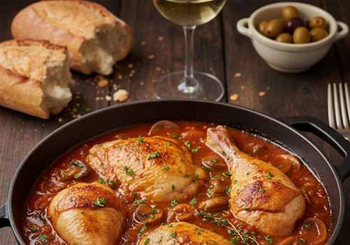 Poulet chasseur servi avec un verre de vin blanc et du pain