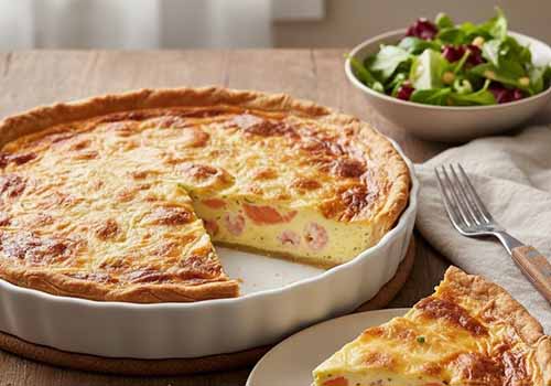 Quiche Lorraine aux Saveurs Marines faite avec des crevettes et du saumon fumé
