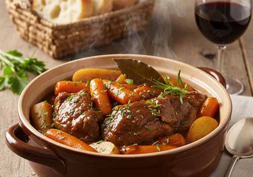 Ragout d'Agneau aux Légumes Racines et Romarin servi avec un verre de vin rouge et du pain