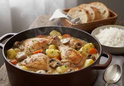 Ragoût de volaille à la cocotte-minute servi avec du riz et du pain frais