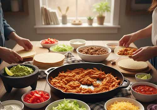 Les différents ingrédients pour faire des tacos maison placés dans divers contenants sur une table.