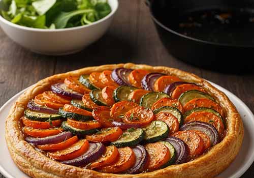 Tarte Tatin salée présentée sur une grande assiette blanche