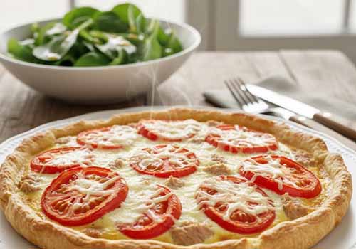 Tarte au thon avec des tomates et de la moutarde, servie avec une salade