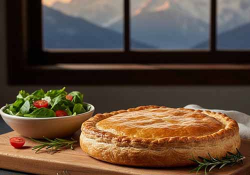 Une Tourte de Pommes de Terre et Fromage posée sur un plateau en bois, a côté une salade dans un bol et en fond d’écran une fenêtre par laquelle on peut voir des montagnes enneigées.