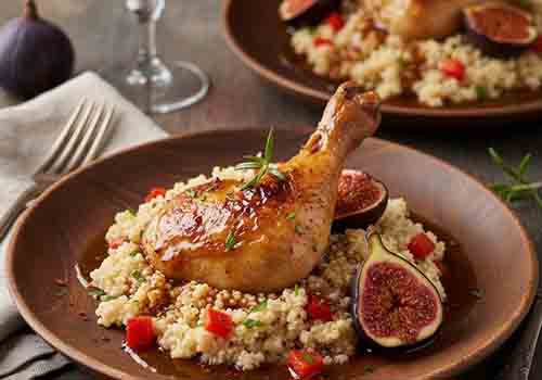 Cuisses de Poulet Braisées aux Figues et Romarin servies avec du quinoa.