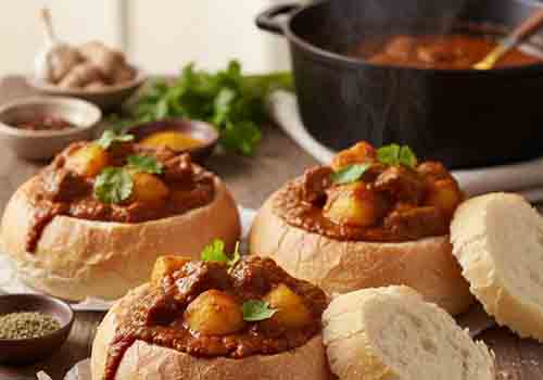 Curry sud-africain (Bunny Chow), Il se distingue par sa présentation unique : un pain évidé, garni d'un curry de viande ou de légumes très parfumé.