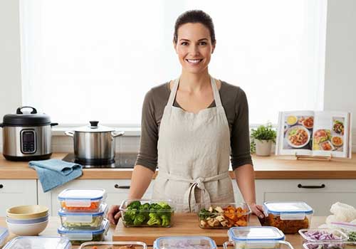 Un aperçu d'une cuisine moderne et lumineuse avec une femme souriante, devant un plan de travail où sont disposés des récipients de Batch Cooking colorés et organisés (légumes frais coupés, portions de plats préparés). L'ambiance est propre, efficace et inspirante.
