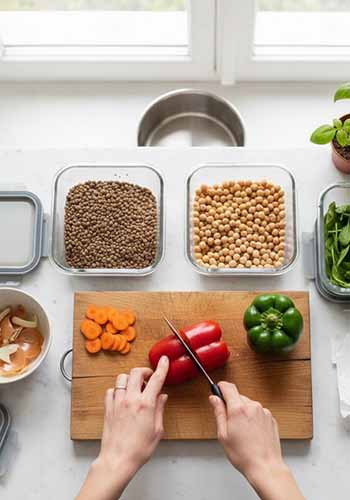 Une personne en train de découper des légumes et de tout trier dans des contenants hermétiques.