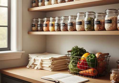 Des étagères de garde-manger propre et ordonnée avec des bocaux de céréales, légumineuses, et des paniers de légumes, symbolisant l'achat en vrac et l'anti-gaspillage.