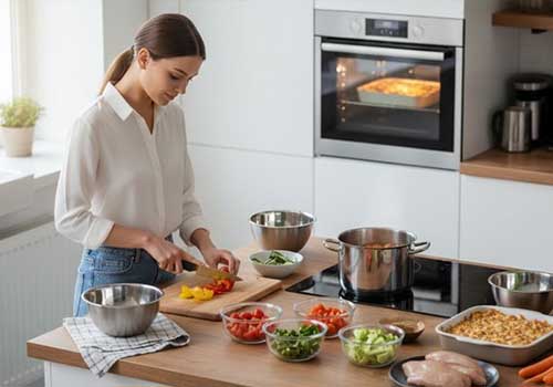 Une vue panoramique d'un plan de travail de cuisine où plusieurs tâches sont accomplies simultanément par une femme mais de manière organisée. Par exemple, des légumes coupés, une casserole sur le feu, un plat au four visible en arrière-plan, et des herbes aromatiques fraîches. L'accent est mis sur l'efficacité et la propreté malgré l'activité.