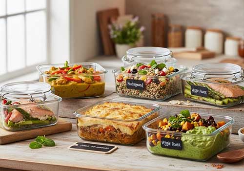 Une composition visuelle vibrante de plusieurs repas de Batch Cooking, chacun présentant des couleurs, des textures et des ingrédients distincts pour suggérer des cuisines et des thèmes variés (asiatique, méditerranéen, végétarien, montagnard). Les plats sont présentés dans des boîtes de conservation élégantes sur une table en bois clair.