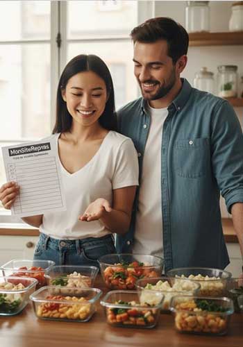 Un couple souriant et détendu dans une cuisine propre et ordonnée, pendant ou juste après une session de Batch Cooking. Ils tiennent une "Fiche de Session Optimisée" ou ont un regard satisfait sur les plats préparés et alignés, donnant l'impression que l'activité est facile et agréable, non épuisante.