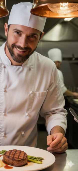 Un chef cuisiner dans sa cuisine, devant lui sur le plan de travail une assiette avec un beau tournedos et quelques asperges vertes grillées.