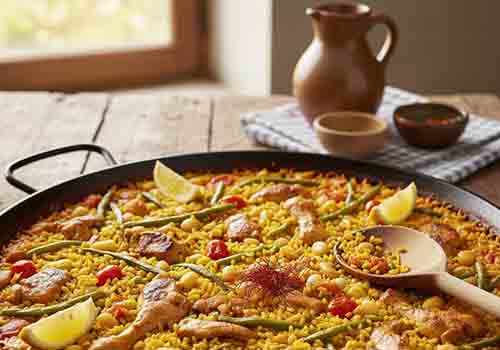 Paella Valenciana (paella classique) faite de morceaux de poulet et de lapin, avec des haricots verts plats, des haricots blancs et du riz.