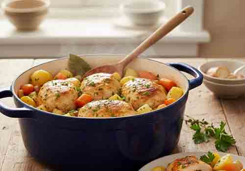 Paupiettes de Poulet aux légumes d'hiver dans une casserole.