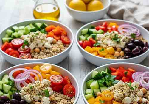 Power Bowl Méditerranéen composé de boulgour, concombre, tomates cerise, poivron, oignon rouge, pois chiches, feta, olives noires et quelques feuilles de laitue