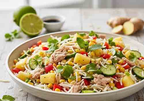Salade de riz exotique composée de riz, maïs, ananas, poivron, concombre, thon et d’une vinaigrette citron vert, huile et gingembre