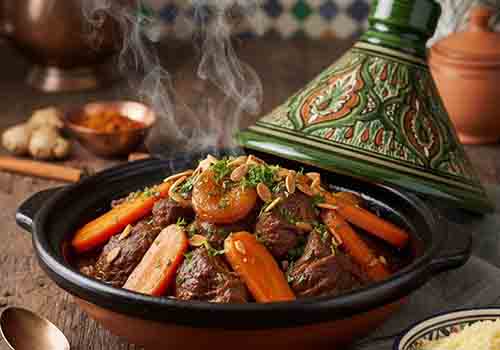 Tajine de Bœuf aux Abricots servit avec de la semoule