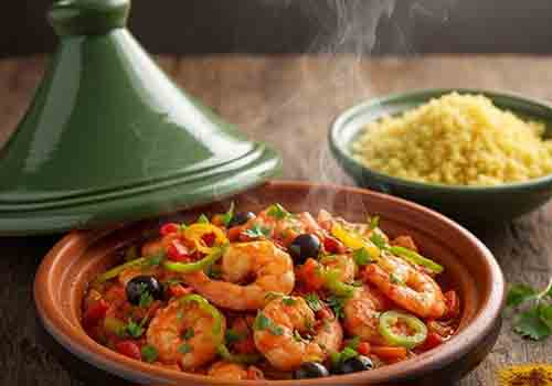 Tajine de Crevettes servi avec de la semoule