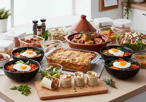 Plusieurs plats préparés lors d'une séance de batch cooking