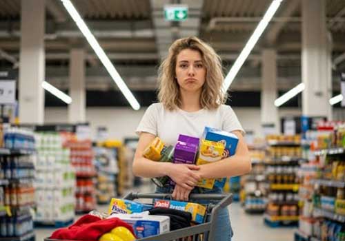 Une personne au milieu d'un magasin avec un chariot plein et les bras remplis d'achats impulsifs