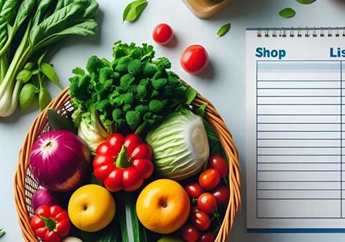 sur une table un panier remplis de légumes avec à coté un liste de course à remplir
