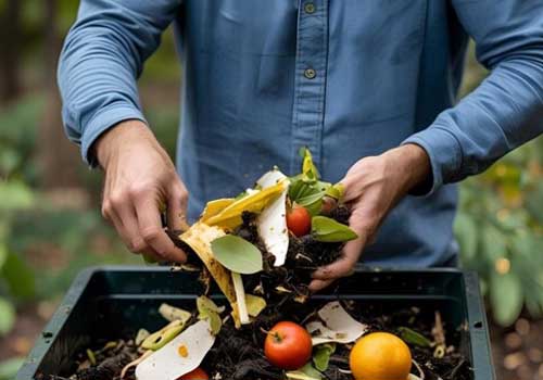 Un homme en train de jeter des épluchures dans un composteur alimentaire