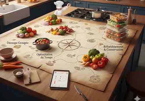 Une table dans une cuisine avec un plan dessus ou les destinations sont des fruits et des légumes