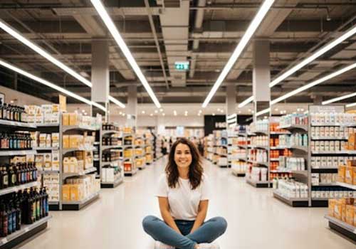 Une personne assise au milieu d'un grand magasin d’alimentation