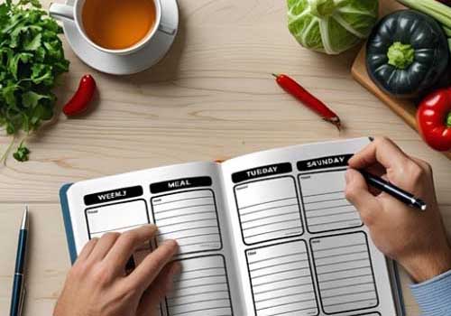 Une personne en train d'écrire sur un carnet les repas de la semaine