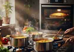 Une cuisine moderne ou mijotent des plats sur une plaque de cuisson et un four dans lequel cuit une tourte