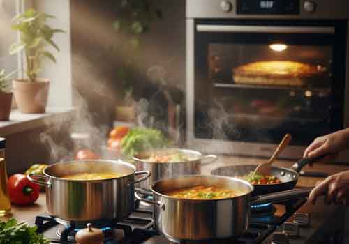 Une cuisine moderne ou mijotent des plats sur une plaque de cuisson et un four dans lequel cuit une tourte