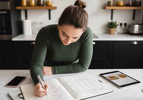 Une femme assise dans sa cuisine en train d'écrire son plan de batch cooking