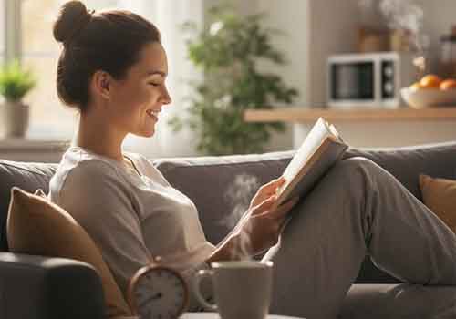 Une personne assise dans son salon en train de lire tranquillement un livre sachant qu'elle n'est pas pressée par le temps pour faire a manger grâce a sa séance de batch cooking du week-end